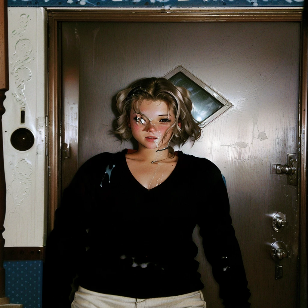 there is a woman standing in front of a door, taken in the late 2000s, photo 2 0 1 0, taken in the mid 2000s, 2 0 0 5, 2005, taken in the 2000s, jenni pasanen, katey truhn, 2 0 0 4, blowjob, happy, swallow cum