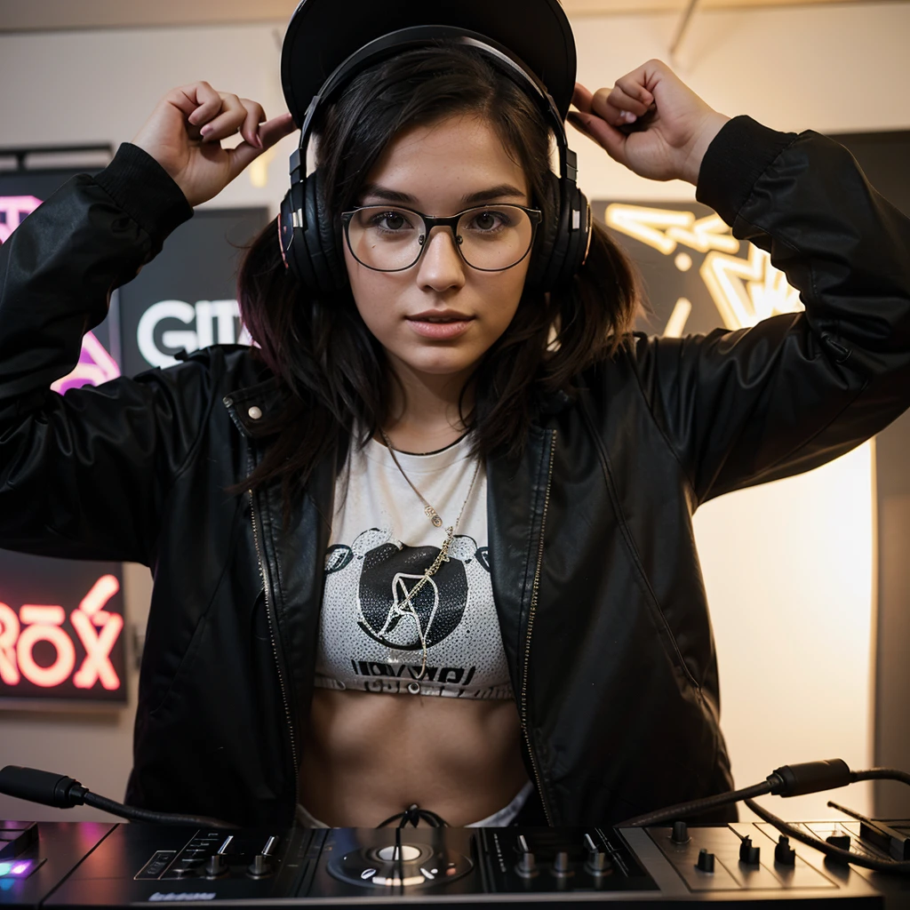 25 year old woman DJ, glad, with glasses and large headphones, playing a rave.