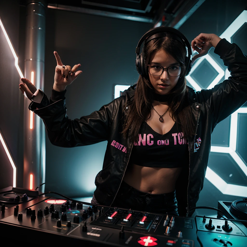 25 year old woman DJ, glad, with glasses and large headphones, playing a rave.