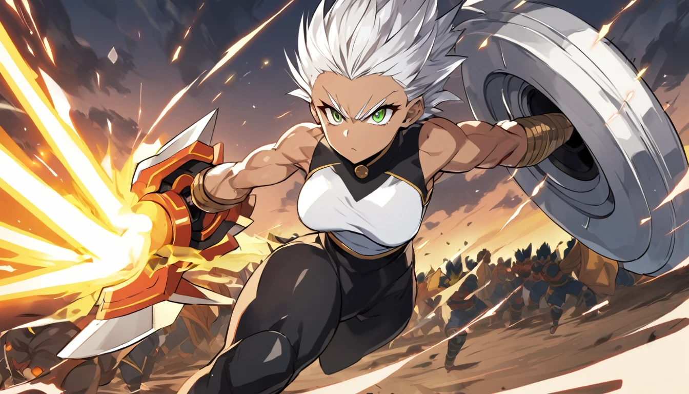a girl, Saiyan, spiky white hair, green eyes, defined muscles, thin waist, wide hips, dark skin, medium breasts, tight clothes, white t-shirt, black pants, battling (the character is on a battlefield and would use a technique from ki chamda galick ho, from the dragon ball universe, making an energy cannon with his ki and releasing it at the opponent)