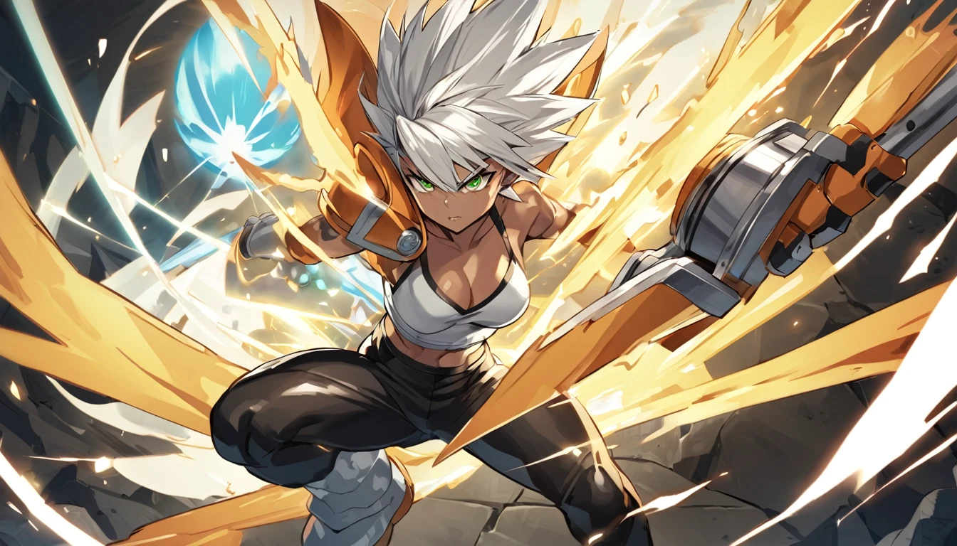 a girl, Saiyan, spiky white hair, green eyes, defined muscles, thin waist, wide hips, dark skin, medium breasts, tight clothes, white t-shirt, black pants, battling (the character is on a battlefield and would use a technique from ki chamda galick ho, from the dragon ball universe, making an energy cannon with his ki and releasing it at the opponent)