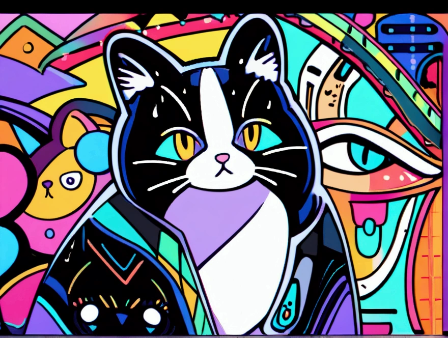 All motifs have a black line edge, colorful cats drawing style