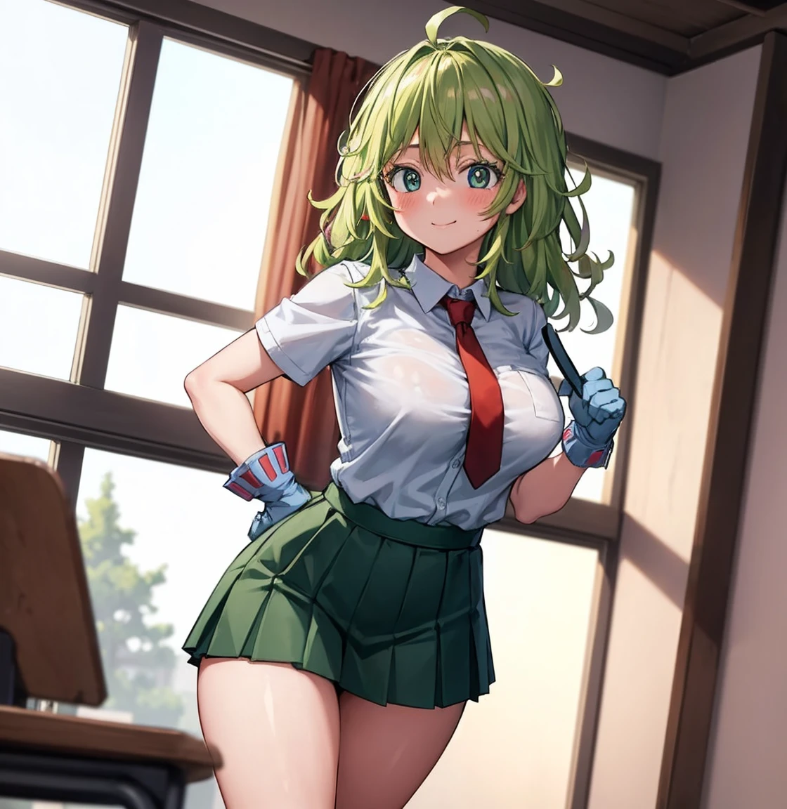 ((1girl)),((alone)),Tooru Hagakure,(masterpiece), (best quality), (ultra detailed), (best illustration), (best shadow), (absurdities), sharp focus, cowboy shot , looking at viewer, big breasts, narrow waist, wide hips, medium thighs, round butt, dynamic stance, green hair, blush, green eyes, messy hair, medium hair, bangs, hair between the eyes, multicolored hair, collared shirt , white shirt, red tie, tight shirt, neckline, short sleeves, gloves, blue gloves, ((green skirt)), short skirt, tight skirt, (socks: 1.2), (black socks: 1.1), loafers seductive smile, closed mouth, (sexy pose: 1.2), alone, standing: 1.3, interior, school, classroom, desks, window, sunset, looking forward, ((focus on thighs)), pov (from below), red blush, perfect anatomy, perfect hands