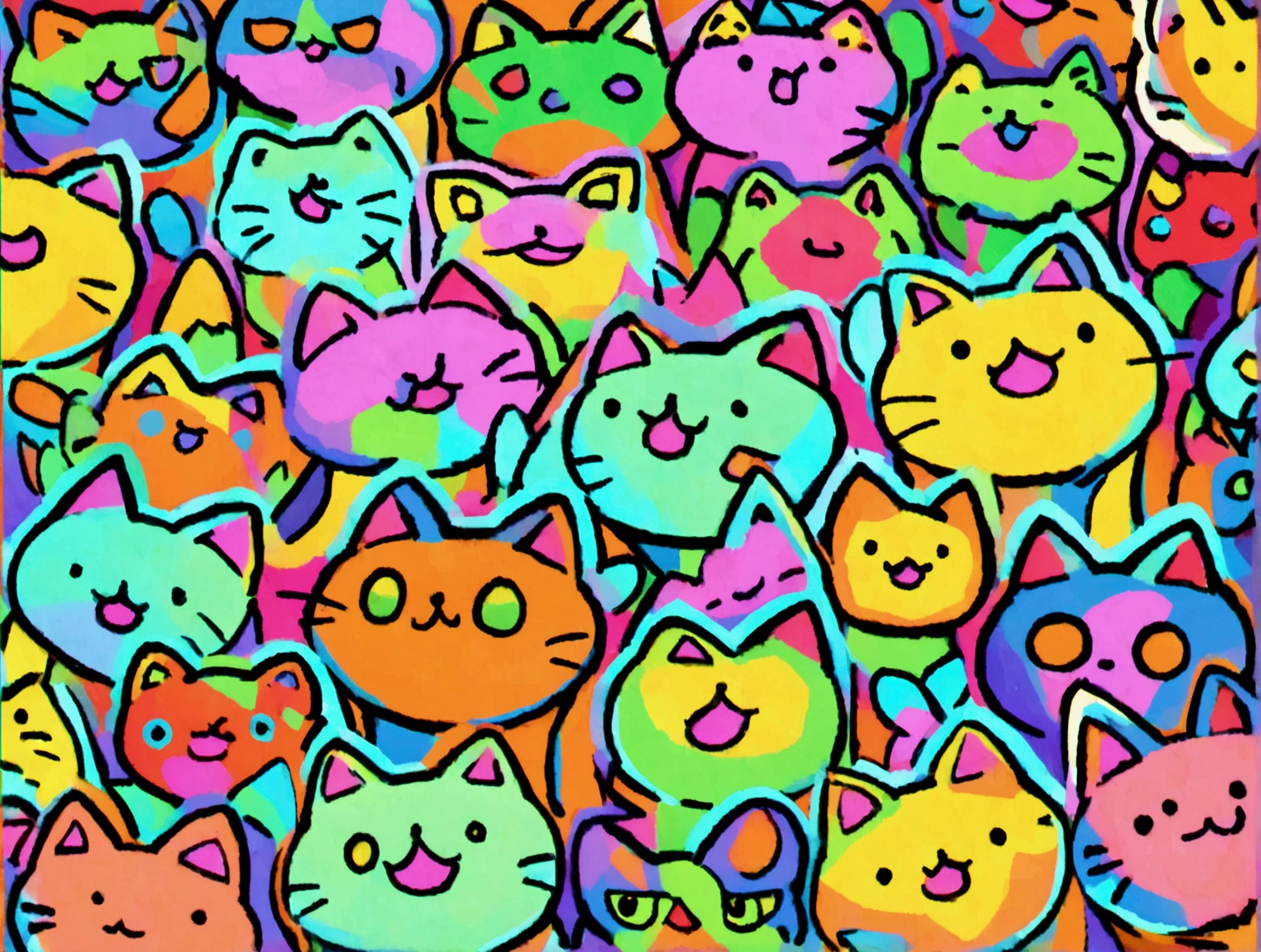All motifs have a black line edge, colorful cats drawing style