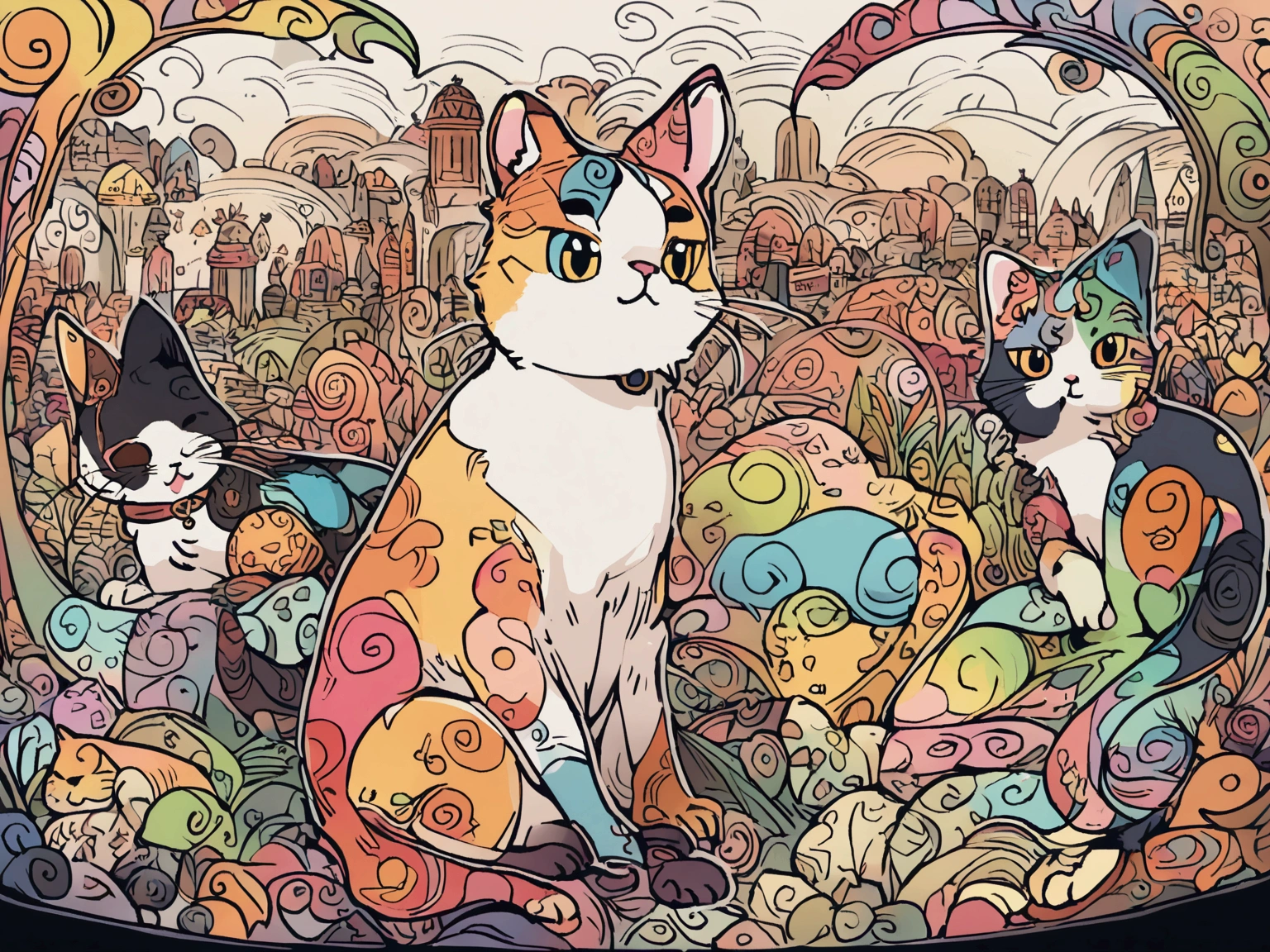 All motifs have a black line edge, colorful cats drawing style