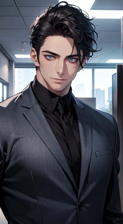 (best quality,4k,8k,highres,masterpiece:1.2),ultra-detailed,(realistic,photorealistic,photo-realistic:1.37),1 man,31 years old,mature man,very handsome,without expression,smile,short grey black hair,blue eyes,penetrating gaze,perfect face without errors,imposing posture,businessman,office background,cinematic lighting,hdr image