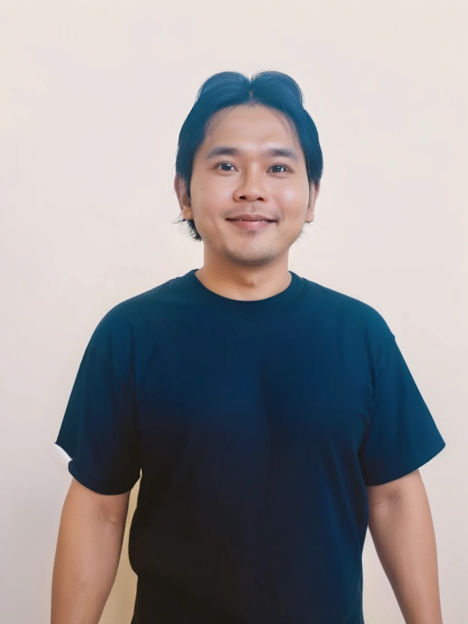 Hyperrealistic 4D Cartoon style character with big head. 35 year old Indonesian man, ideal body, black hair (combed in the middle) and black t-shirt. smiling at the camera with hands in ready position, gray background. Use soft photography lighting. Hair lighting, top lighting, side lighting, high quality photos, UHD, 16K