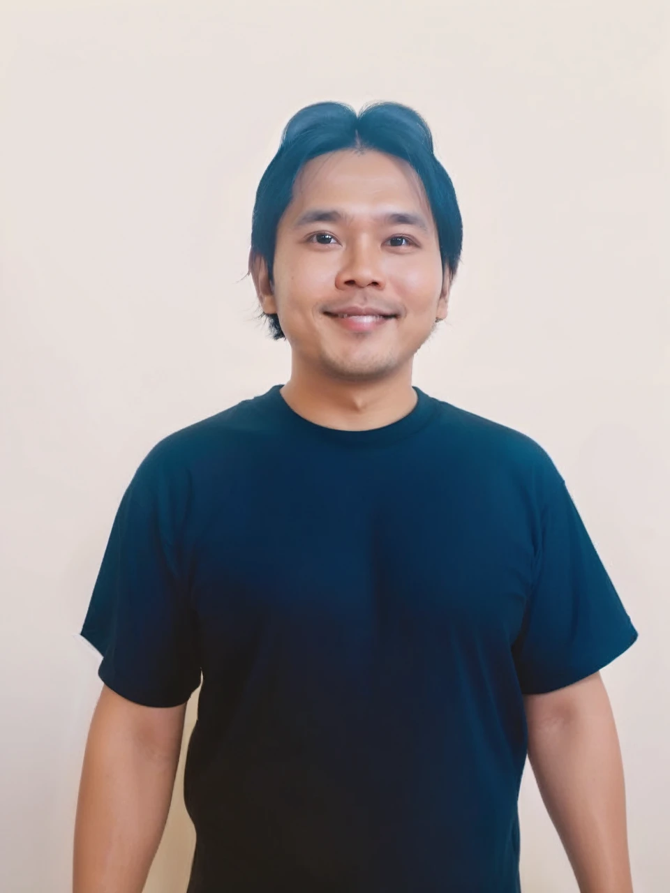 Hyperrealistic 4D Cartoon style character with big head. 35 year old Indonesian man, ideal body, black hair (combed in the middle) and black t-shirt. smiling at the camera with hands in ready position, gray background. Use soft photography lighting. Hair lighting, top lighting, side lighting, high quality photos, UHD, 16K