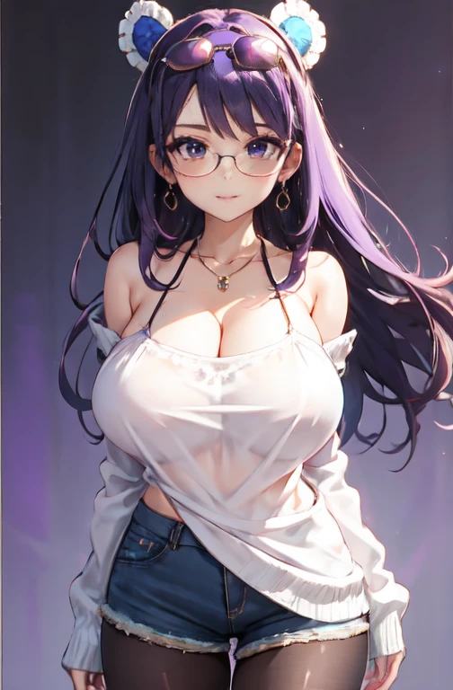 1 girl, standing alone, long hair, gazing at viewer, ssmile, breasts big, chemise, mitts, neckleace, bared shoulders, jewerly, purples eyes, cabelo roxo, pantyhose, aretes, shorts, oculos de sol, Glasses on the head, purple backdrop, round glasses, purple mitts, 