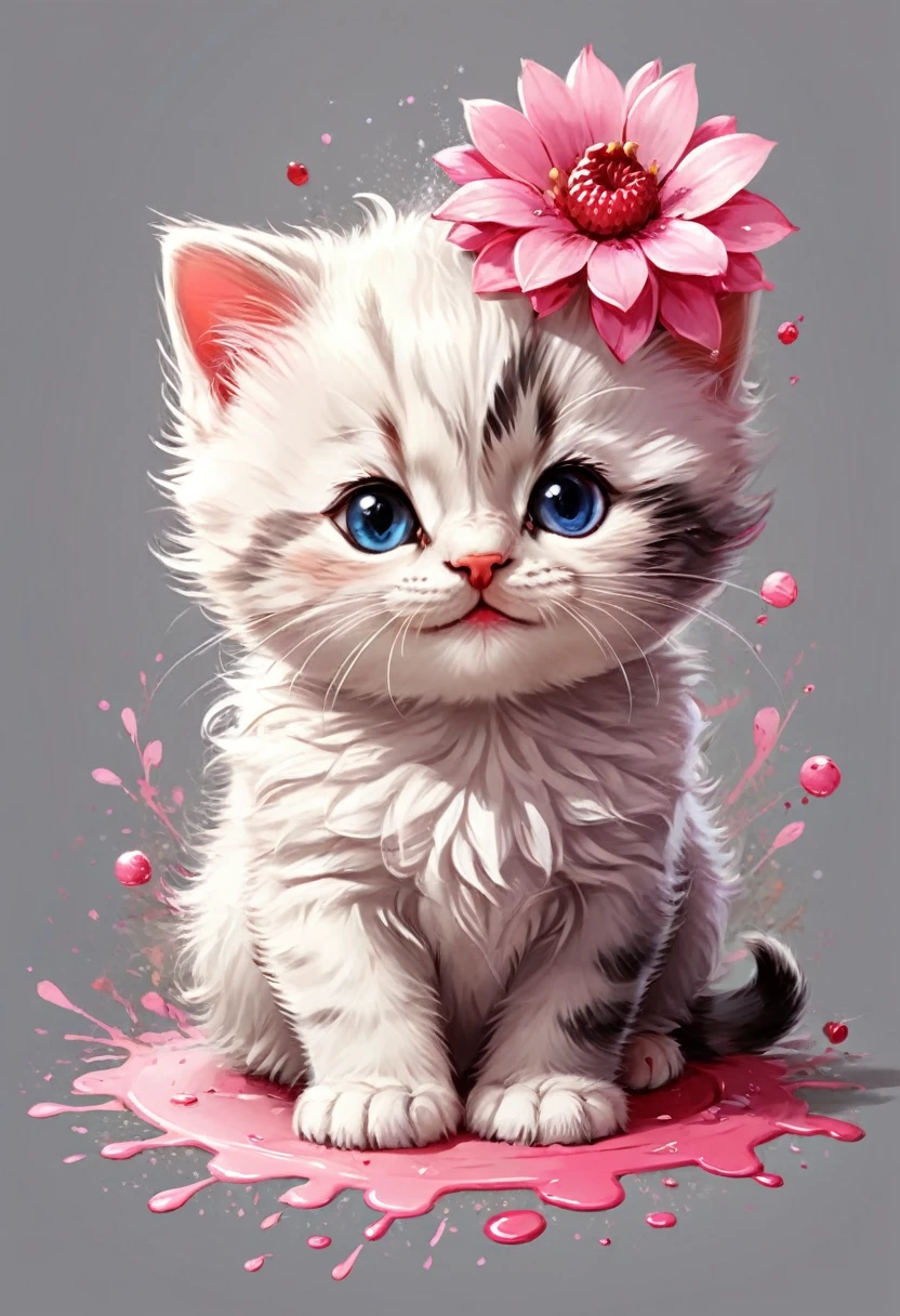 vectorial art, circular with pink flowers and red fruits, vectorised, 8k, vector lines, Full HD,  colorful illustration of a small smiling kitten, At the center, Paint splashes and stains, high détail, t-shirt designs (work of art, best qualityer, proffesional, perfect composition, very aesthetic, absurdrez, super verbose, details Intricate: 1.3