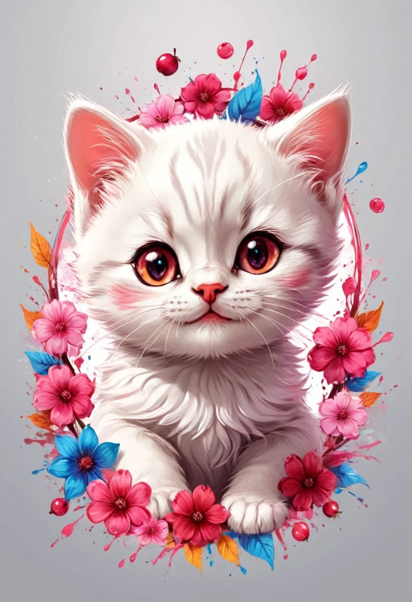 vectorial art, circular with pink flowers and red fruits, vectorised, 8k, vector lines, Full HD,  colorful illustration of a small smiling kitten, At the center, Paint splashes and stains, high détail, t-shirt designs (work of art, best qualityer, proffesional, perfect composition, very aesthetic, absurdrez, super verbose, details Intricate: 1.3