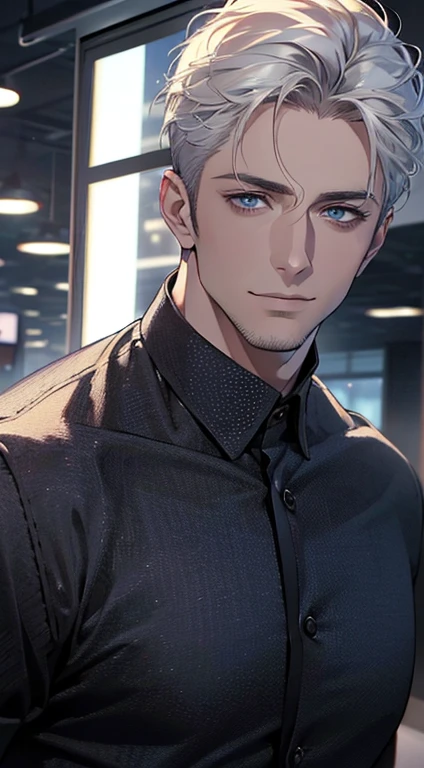 (best quality,4k,8k,highres,masterpiece:1.2),ultra-detailed,(realistic,photorealistic,photo-realistic:1.37),1 man,31 years old,mature man,very handsome,without expression,smile,short white hair,blue eyes,penetrating gaze,perfect face without errors,imposing posture,businessman,office background,cinematic lighting,hdr image