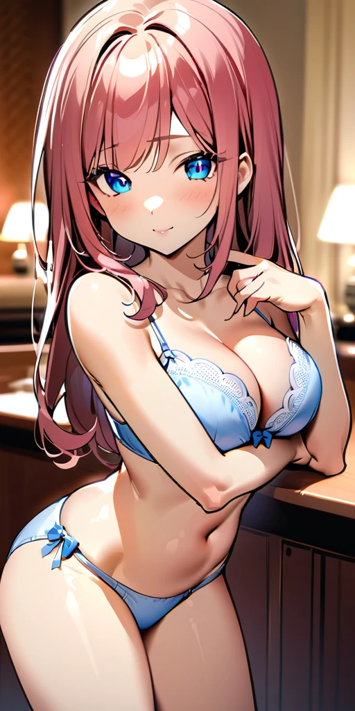 ((Highest quality、、masterpiece:1.3)), Upper Body、Long legs、Sharp focus:1.2, Beautiful woman with perfect figure:1.4、(Smiling:1.2), double eyelid、30-year-old female、Sexy pose、((((Close your mouth、One Woman, lace bra, panties ,Luxury hotel room))))、(((((Hands on the side of the body:1.5)))))