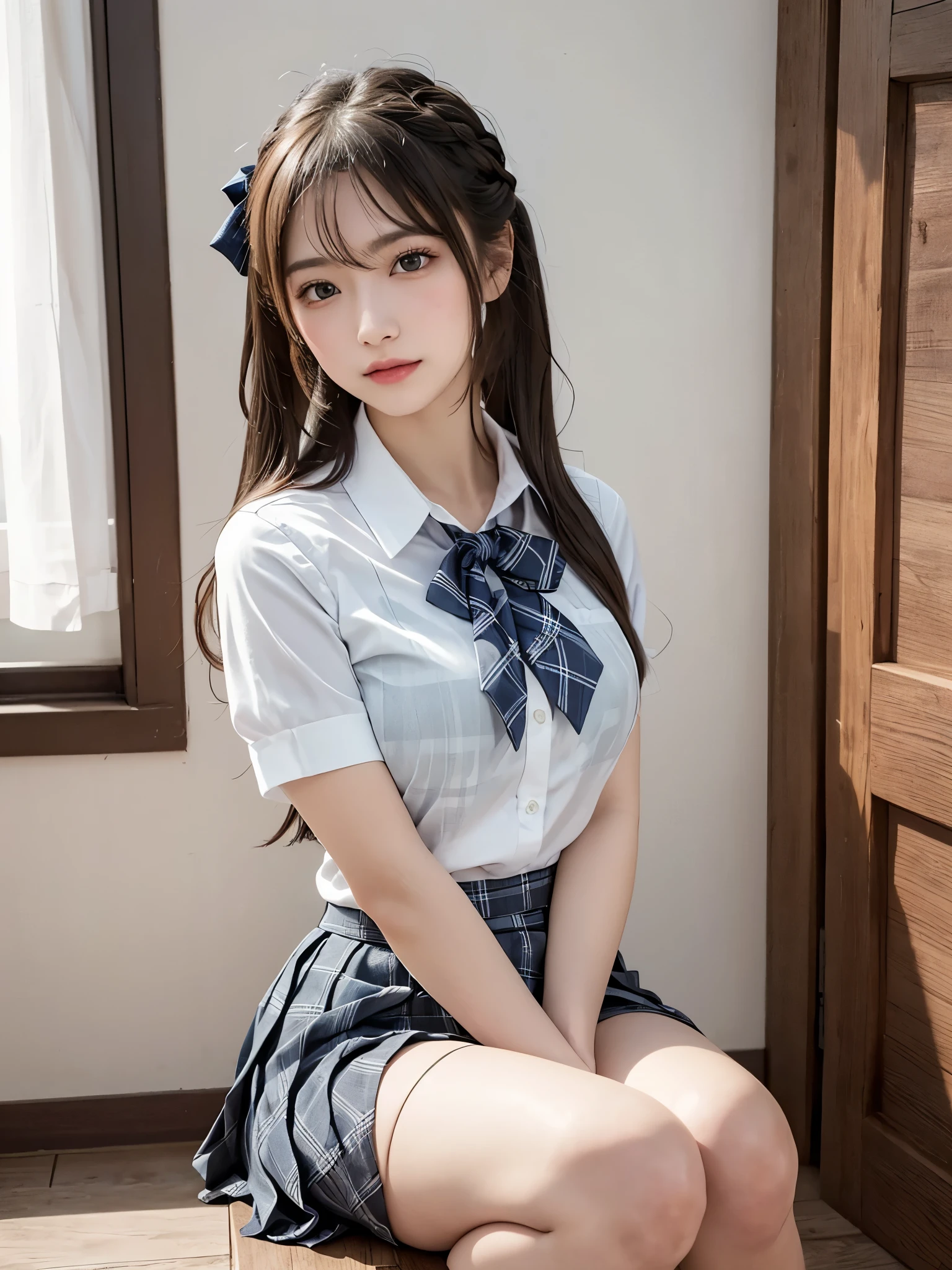 (masterpiece:1.2, Highest quality), (Realistic, photoRealistic:1.4), Beautiful illustrations,
View your viewers, whole body, Front view:0.6,
1 girl, Japanese, high School girl, (Long Hair:1.5), Let your hair flutter, (Half Up, Half Updo), bangs, Hair between the eyes, Large Breasts:0.8,
Beautiful Hair, Beautiful Face, Beautiful attention to detail, Beautiful clavicle, Beautiful body, Beautiful breasts, Beautiful thighs, Beautiful feet, Beautiful fingers,
(Beautiful views), , School,
((Collared short-sleeved shirt, White shirt, , Grey plaid pleated skirt, Blue checked bow tie)), White panties,
(Are standing, , Lift up your skirt, Grab the hem of your skirt, Place your hand on your chest, Place your hands between your legs),
blush, ,