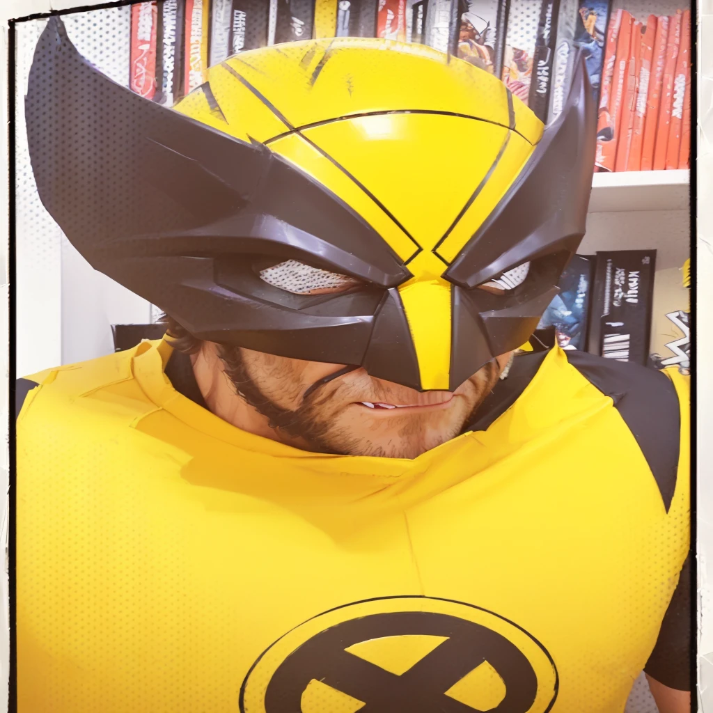 sharpened man with yellow shirt and black and yellow mask, X-Man bitter fantasy, x-man costume, x man costume, comic book character, wolverine ate, portrait of wolverine, wolverine, boris johnson as wolverine, full costume, shot not bust, wonderful expression, magneto, danny devito as wolverine, wolverine action pose, comic character, bee-based