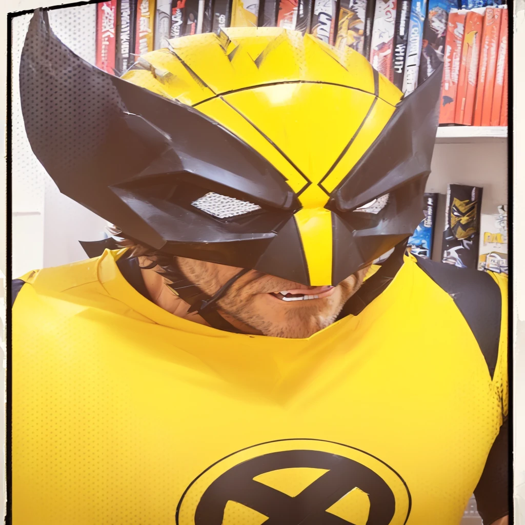 sharpened man with yellow shirt and black and yellow mask, X-Man bitter fantasy, x-man costume, x man costume, comic book character, wolverine ate, portrait of wolverine, wolverine, boris johnson as wolverine, full costume, shot not bust, wonderful expression, magneto, danny devito as wolverine, wolverine action pose, comic character, bee-based