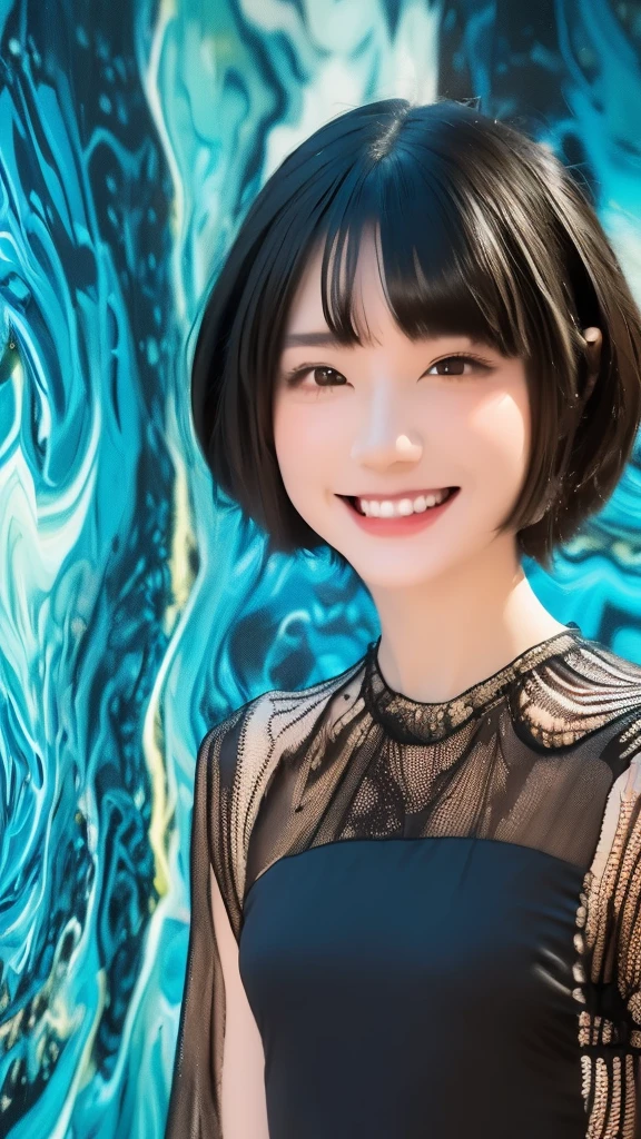 RAW Photos、Highest quality、Super Resolution、Best image quality、masterpiece、8hair、short hair, 20-year-old woman, A kind smile, (Abstract background,Fractal Art:1.46)、Stylish black dress:1.3、(((Stand upright, Facing the center of the screen.)))