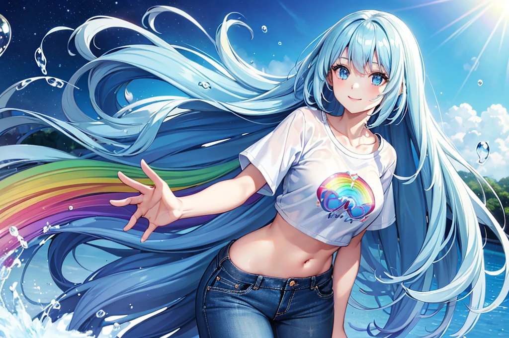  (Highest quality), (Super detailed),(Light blue long hair),(figure), (One girl), Beautiful fine details,Delicate and beautiful face,smile、A big rainbow in the blue sky after the rain、Colorful rainbow bubbles、Jeans on a t-shirt、floating,(High saturation),(Colorful splashes),