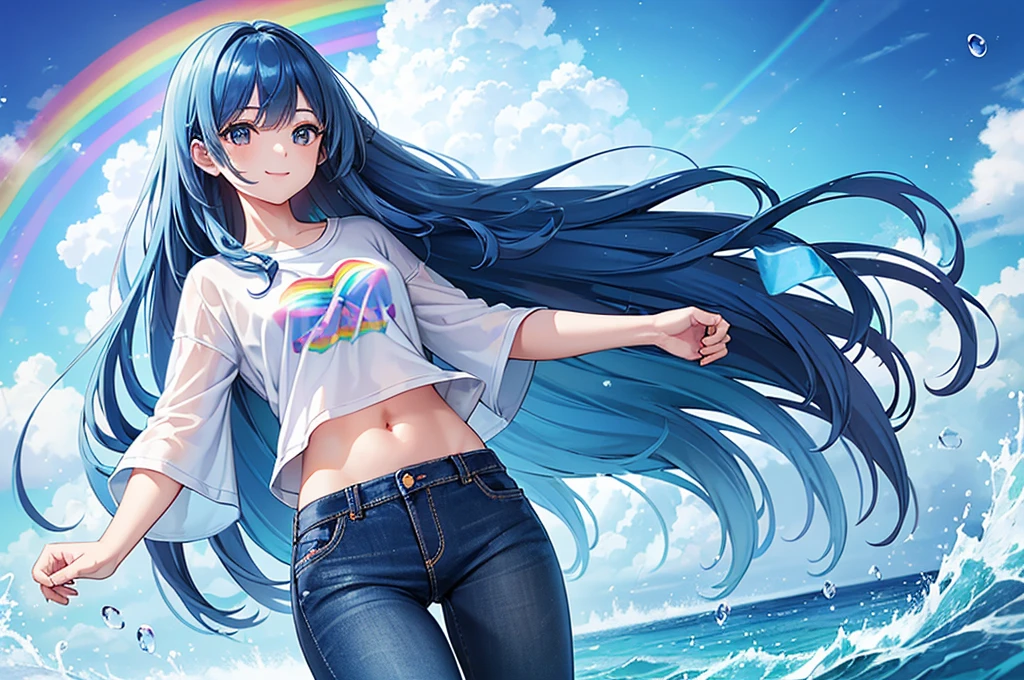  (Highest quality), (Super detailed),(Light blue long hair),(figure), (One girl), Beautiful fine details,Delicate and beautiful face,smile、A big rainbow in the blue sky after the rain、Colorful rainbow bubbles、Jeans on a t-shirt、floating,(High saturation),(Colorful splashes),