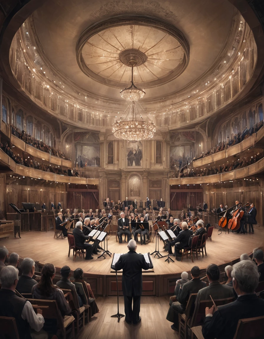 hyperrealisti, impressive art, close up face, The scene of an elderly and skilled conductor is part of a stage filled with years of experience and passion. Your hands are sure, your fingers delicately maneuvering the stick. The orchestra responds to your every gesture, creating beautiful harmonies. His face reflects a deep love of music and trust in his musicians. The audience is captivated, holding my breath at your command. Your rule is more than mere movement; is an expression of your life lived in harmony with music. 🎼👴🎶