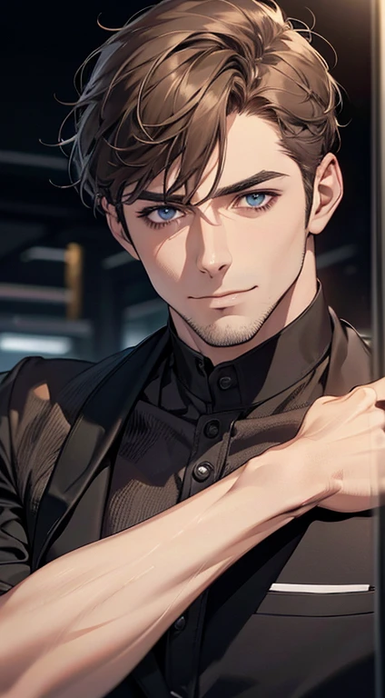 (best quality,4k,8k,highres,masterpiece:1.2),ultra-detailed,(realistic,photorealistic,photo-realistic:1.37),1 man,31 years old,mature man,very handsome,without expression,smile,short grey brown hair,blue eyes,penetrating gaze,perfect face without errors,imposing posture,businessman,office background,cinematic lighting,hdr image