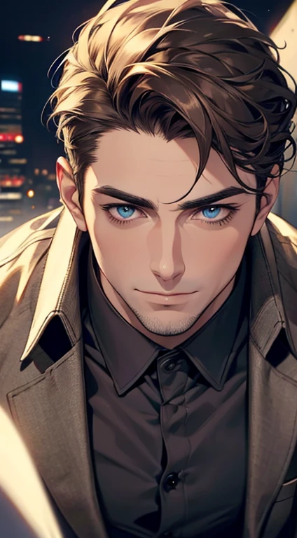 (best quality,4k,8k,highres,masterpiece:1.2),ultra-detailed,(realistic,photorealistic,photo-realistic:1.37),1 man,31 years old,mature man,very handsome,without expression,smile,short grey brown hair,blue eyes,penetrating gaze,perfect face without errors,imposing posture,businessman,office background,cinematic lighting,hdr image