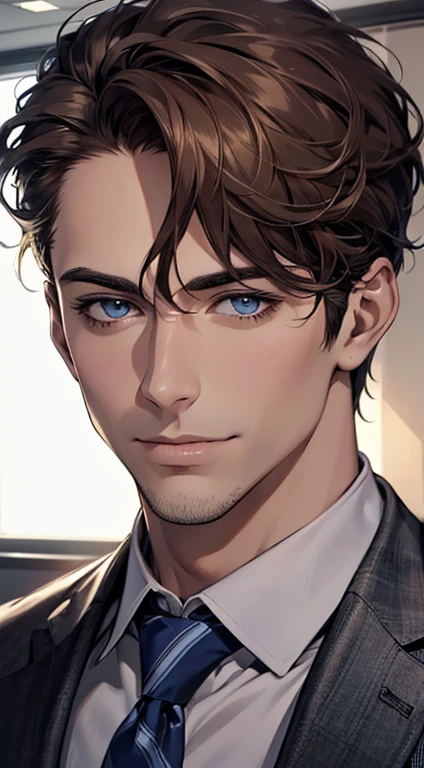 (best quality,4k,8k,highres,masterpiece:1.2),ultra-detailed,(realistic,photorealistic,photo-realistic:1.37),1 man,31 years old,mature man,very handsome,without expression,smile,short grey brown hair,blue eyes,penetrating gaze,perfect face without errors,imposing posture,businessman,office background,cinematic lighting,hdr image