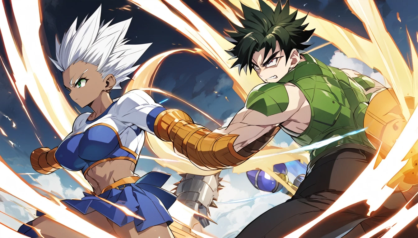 a girl, Saiyan, spiky white hair, green eyes, defined muscles, thin waist, wide hips, dark skin, medium breasts, tight clothes, white t-shirt, black pants, battling (the character is on a battlefield and would use a technique by ki chamda galick ho, from the dragon ball universe, making an energy cannon with your ki and releasing it on the opponent, you can use the character vegeta as inspiration and copy his move, character from dragon ball z)