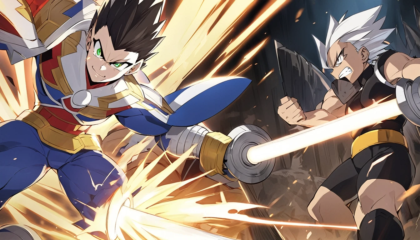 a girl, Saiyan, spiky white hair, green eyes, defined muscles, thin waist, wide hips, dark skin, medium breasts, tight clothes, white t-shirt, black pants, battling (the character is on a battlefield and would use a technique by ki chamda galick ho, from the dragon ball universe, making an energy cannon with your ki and releasing it on the opponent, you can use the character vegeta as inspiration and copy his move, character from dragon ball z)