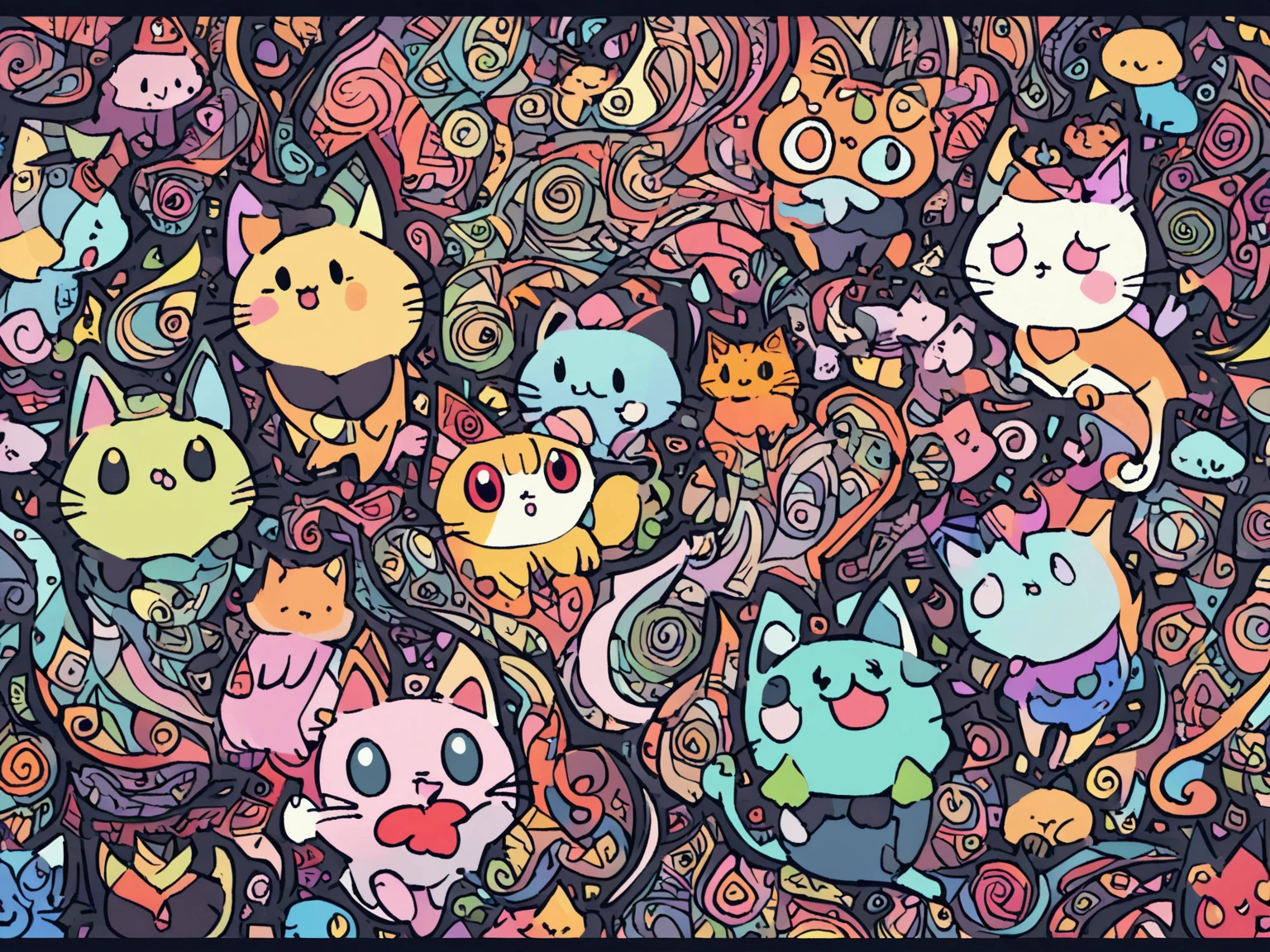 All motifs have a black line edge, colorful cats drawing style