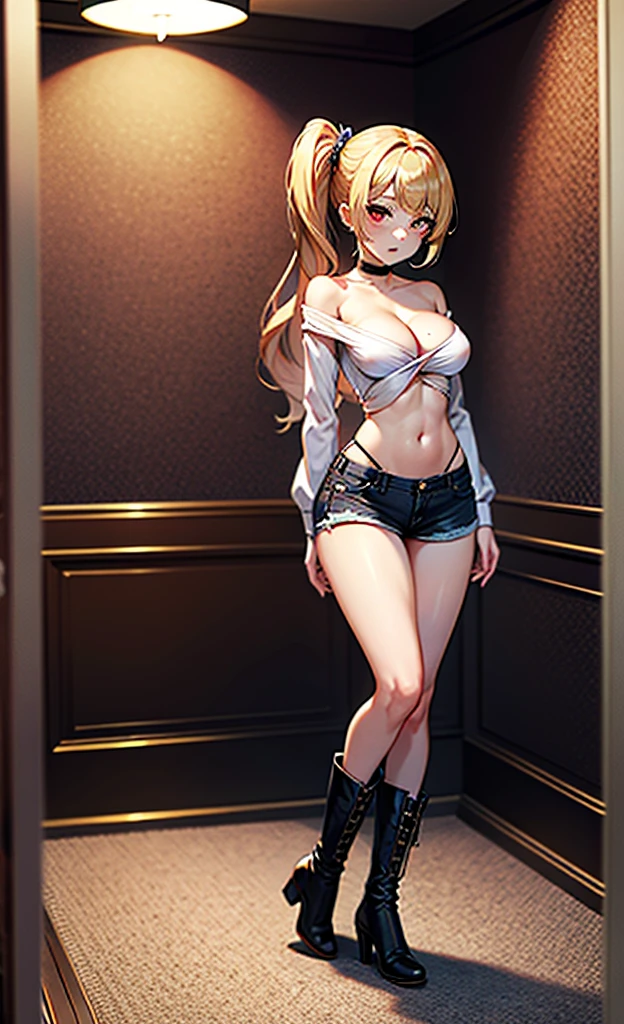 A very high-detailed illustration of a beautiful anime girl [blonde one side ponytail, freckles, beautiful red eyes, freckles, choker, lustful expression, cocky expression , collarbone, large breasts, small waist, wide hips, juicy thighs], solo, wearing a shirt [ strapless ,white shirt, cleavage, naked waist, no sleeves],no bra, wearing shorts [sexy shorts, black shorts, very revealing shorts, black jean shorts], wearing high heel boots [ black boots, high heel boots, boots up to her knee], in the hall of a high class hotel, facing the camera, posing standing, sexy posing, 8k, best quality, highres, masterpiece, full body picture, high detailed, high resolution