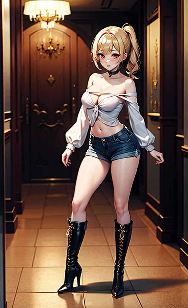 A very high-detailed illustration of a beautiful anime girl [blonde one side ponytail, freckles, beautiful red eyes, freckles, choker, lustful expression, cocky expression , collarbone, large breasts, small waist, wide hips, juicy thighs], solo, wearing a shirt [ strapless ,white shirt, cleavage, naked waist, no sleeves],no bra, wearing shorts [sexy shorts, black shorts, very revealing shorts, black jean shorts], wearing high heel boots [ black boots, high heel boots, boots up to her knee], in the hall of a high class hotel, facing the camera, posing standing, sexy posing, 8k, best quality, highres, masterpiece, full body picture, high detailed, high resolution