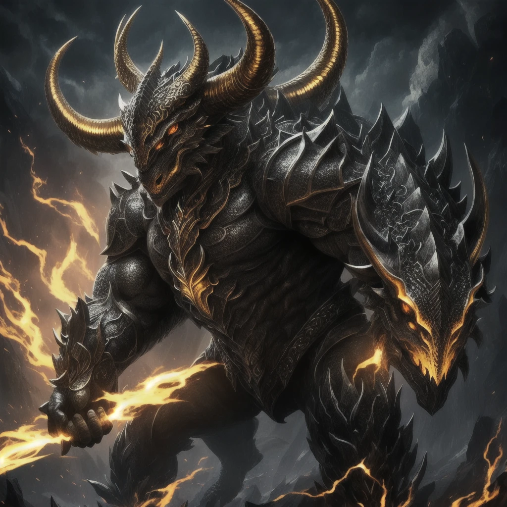 Dragon god, dragon of life, big horns, giant horns, beast, glowing eyes ,Black and silver color,a head ,Golden shine eyes