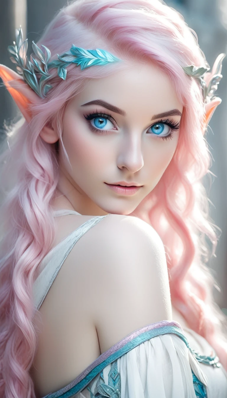 beautiful European woman, white, with pink hair, blue eyes, elf, adult