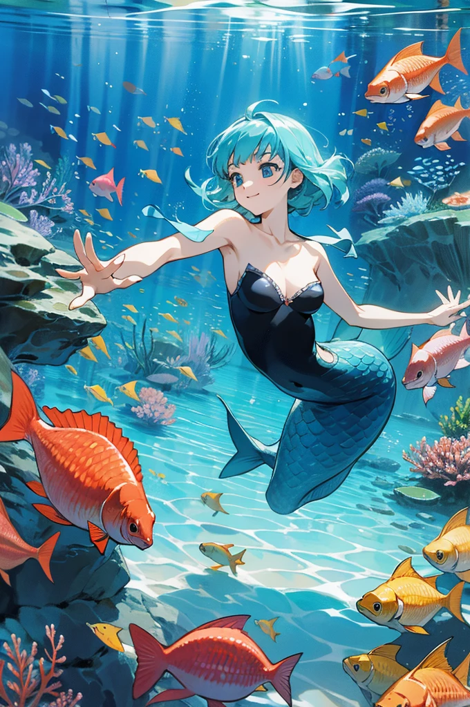 anime style, super fine illustration, highly detailed, dynamic angle, beautiful detailed, 8k, In the summer, at midday, underwater, BREAK vivid tropical fish swim in schools, surrounded by colorful corals on the seabed. A graceful sea turtle swims among them. BREAK A beautiful mermaid swims happily around, smiling occasionally. BREAK Sunlight filters through the water, brightly illuminating the scene. BREAK Everyone is enjoying the underwater world.(LoRA:0.3)