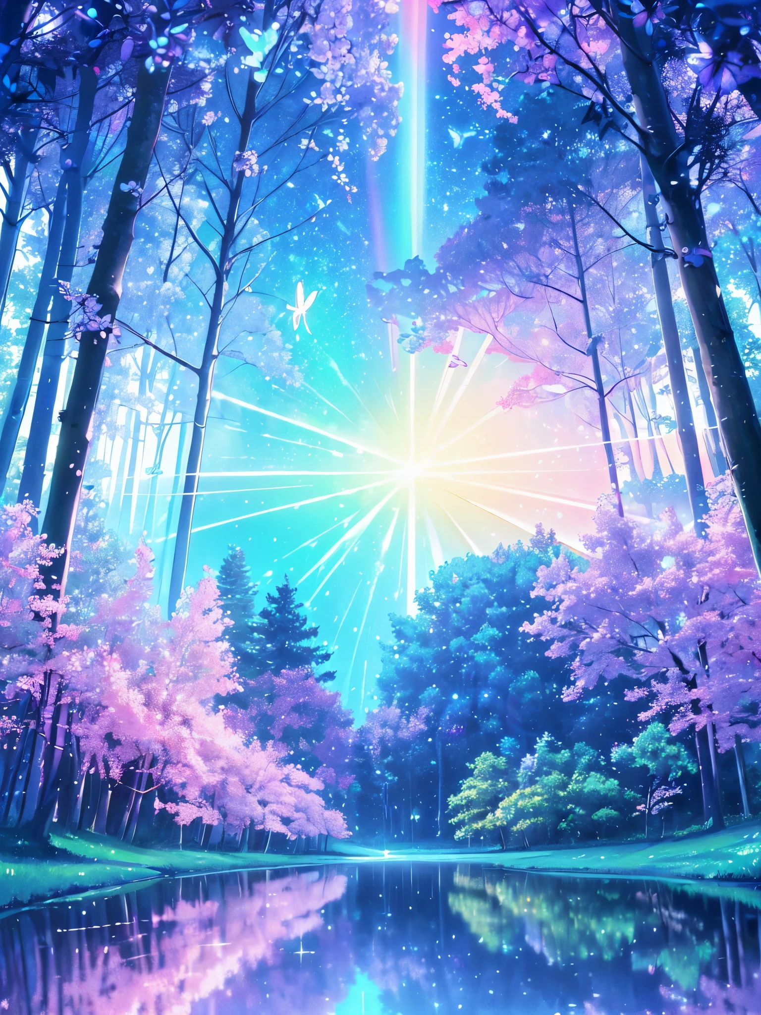 A mystical and enchanted forest, with luminous flowers, multicolored neon butterflies, crystal clear water, beautiful trees, (((unique view with extremely vivid multicolors without any people))), {extremely detailed 16k CG unit wallpaper}, expansive landscape photography, (wide open field view), (low angle shot), ( high light: 1.4), (low light: 1.2), (warm light source: 1.6), complex details, (iridescent colors: 1.6), (bright lighting), (atmospheric lighting), Dreamy, unique, no people, reflections perfect,(no humans),landscape only,
