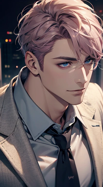 (Highest quality,4K,8K,High resolution,masterpiece:1.2),Super detailed,(Realistic,photoRealistic,photo-Realistic:1.37),1 person,31 years old,Mature Men,Beautiful skin、Profile、very handsome,Expressionless,smile,Short gray pink hair,blue eyes,Sharp Eyes,A perfect face without a doubt,Businessman,Office Background,Cinema Lighting,HDR image,tie、