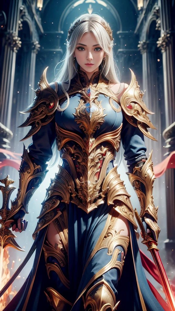 (RAW shooting:1.5, Photoreal:1.5, 8k, highest quality, masterpiece, ultra high resolution), medieval europe, world of magic and swords, perfect dynamic composition:1.2, Mysterious:1.3, Highly detailed skin and facial textures:1.3, cute and sexy slim female warrior, beautiful and aesthetic, cute and sexy beauty, perfect style, wear elaborate rings, Sword-holding pose, Manga Berserk carrying a big sword on his back:1.3, fire, water, Wind, thunder, ice, Fair skin, very beautiful face, (Medium chest, Chest gap), (embarrassing smile, The expression on your face when you feel intense caress, Facial expression when feeling pleasure), (sexy gold metallic armor, off shoulder), (beautiful blue eyes, Eyes that feel beautiful eros:0.8), (Too erotic:0.9, Bewitching:0.9), full body shot, Ancient castle in the background