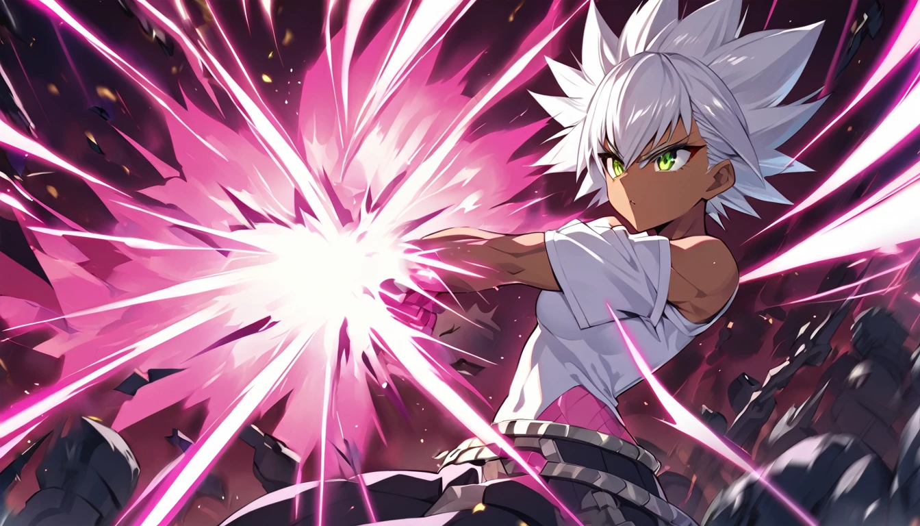 a girl, Saiyan, spiky white hair, green eyes, defined muscles, thin waist, wide hips, dark skin, medium breasts, tight clothes, white t-shirt, black pants, fighting (the character is on a battlefield and would gather her energies in the palm of your hands, releasing immense pink energy like a laser)