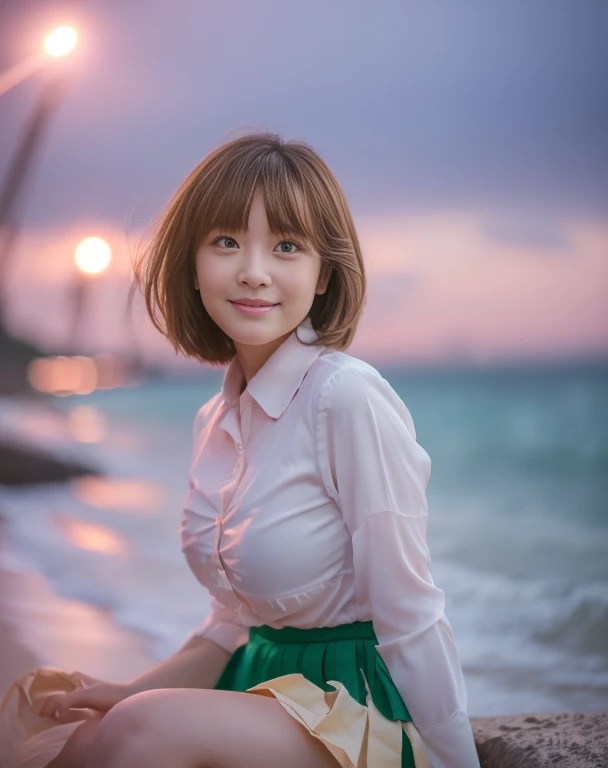 (8k, RAW Photos, Highest quality, masterpiece:1.2), (Realistic, photo-Realistic:1.37), Very detailed,
1 girl,cute, alone,Beautiful and detailed sky,Detailed beach side,night,Sitting,date,(Blushing your nose),(smile:1.1),(Mouth closed),Big Breasts, seductive smile, Large opening, Professional Lighting, Sony a7R4, Zesse 50mm F1.8,
Medium chest,Beautiful and beautiful eyes,(Collared shirt:1.1),Pleated skirt,(short hair:1.2),Floating Hair 