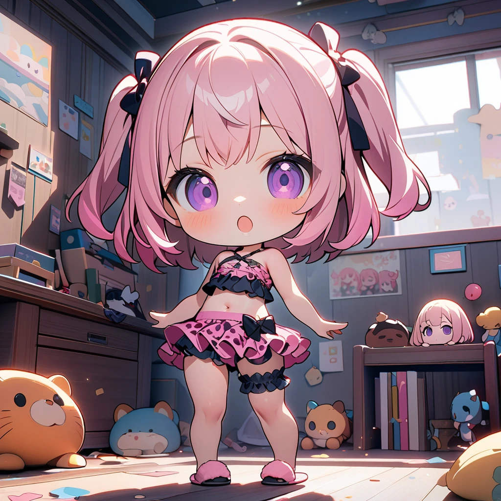 (8K, best quality, master piece: 1.2),super high resolution,1 cute girl,solo,(chibi:1.4),ultra-detailed face,deep detailed eyes,Purple eyes,Mascara,two side up,bubblegum pink hair,halter top,leopard pattern skirt,smile,Bridal garter,:o,standing,full body,toe,slippers,look at viewer,rim light,messy children's room