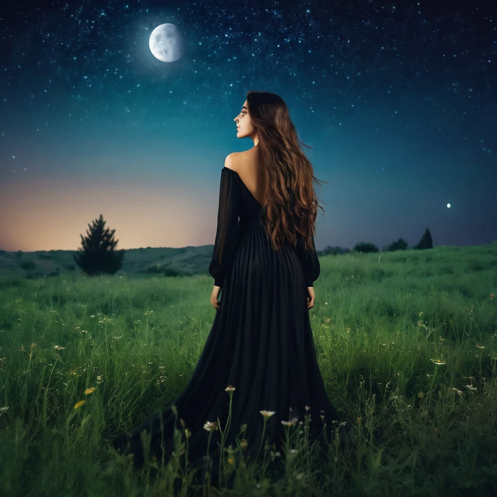 beautiful lebanese girl with a very long hair wearing black dress standing in the meadow in moon light, looking to the stars, psychedelic, dreamy, cinematic