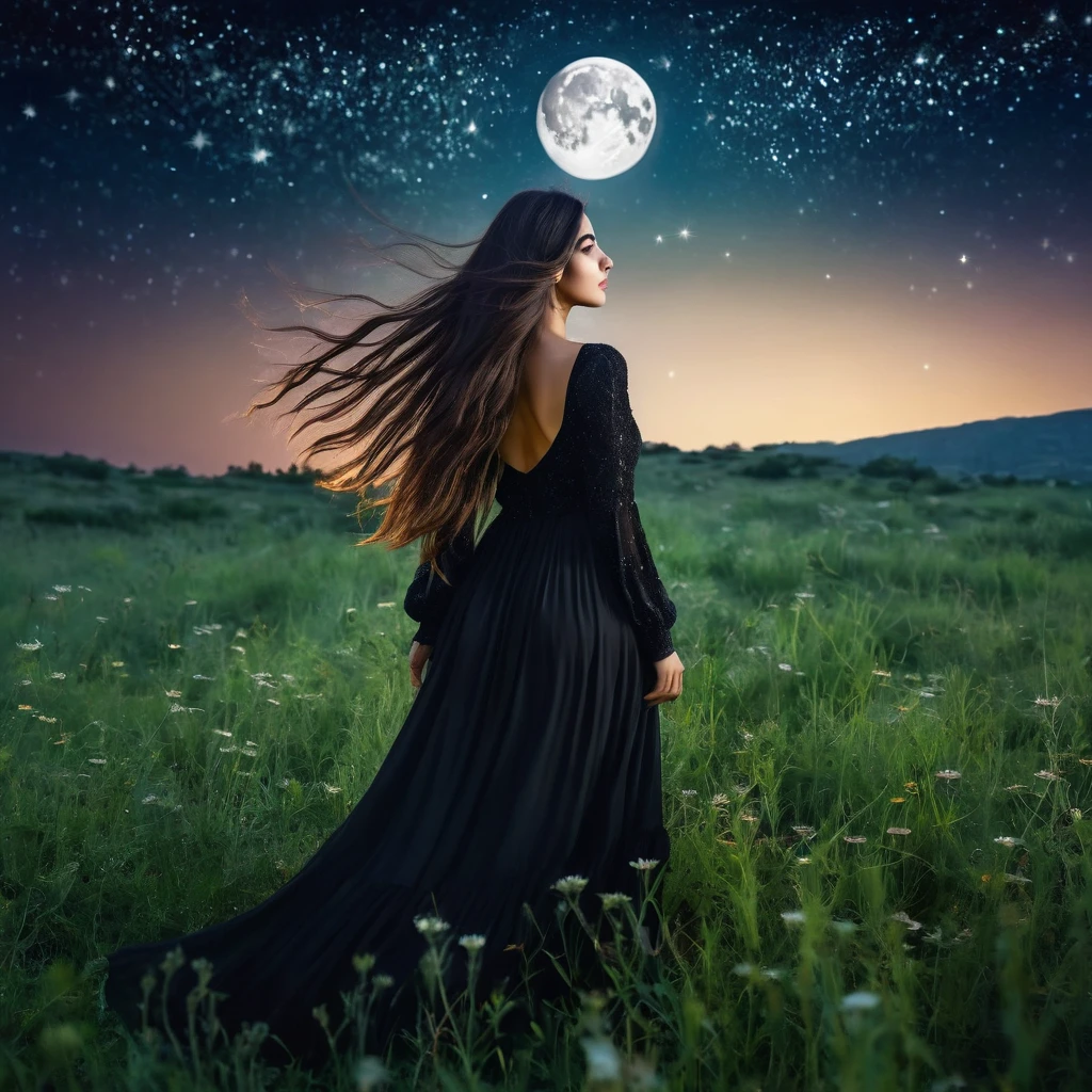 beautiful lebanese girl with a very long hair wearing black dress standing in the meadow in moon light, looking to the stars, psychedelic, dreamy, cinematic