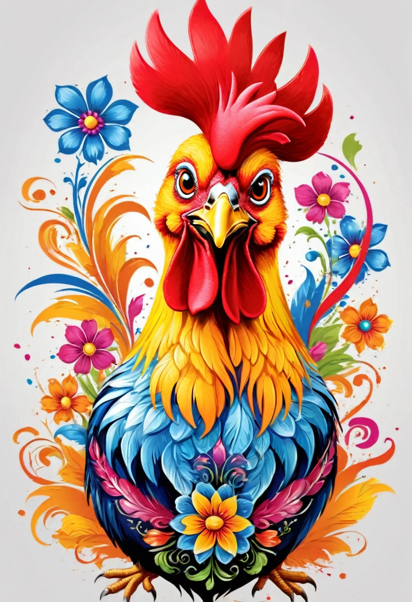 Rectangular vector art with flowers, vectorised, 8k, design  proffesional , colorful illustration of the barcelos rooster in the center, Paint splashes and stains, high détail, t-shirt designs (work of art, best qualityer, proffesional, perfect composition, very aesthetic, absurdrez, super verbose, details Intricate: 1.3