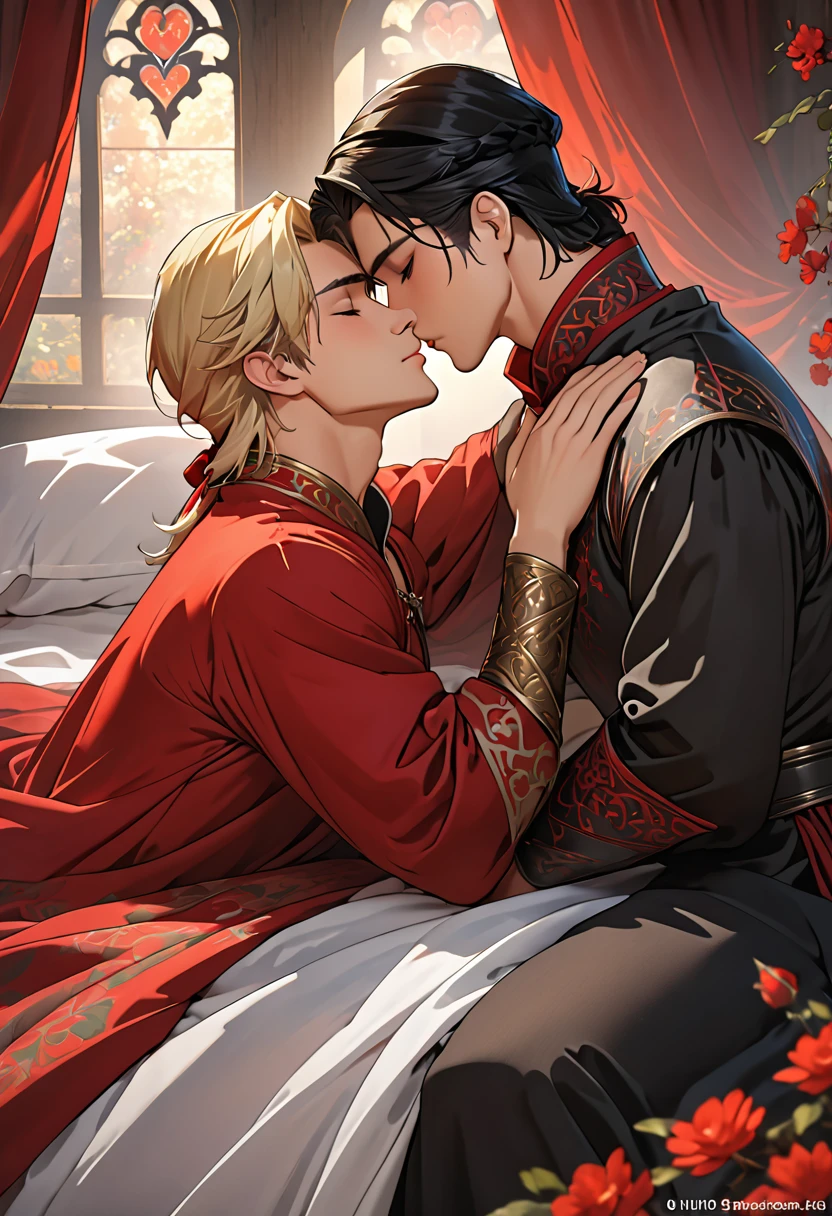2 ???? males 25 year old, anime elves in a sensual pose medieval poster bed kissing under the sheer sheets, kissing each other, long blond/black hair, perfect intimate position, perfect composition, perfect hands and face, masterpiece, black/red color, UHD, 32k,