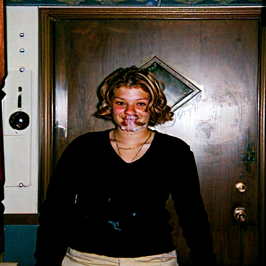 there is a woman standing in front of a door, taken in the late 2000s, photo 2 0 1 0, taken in the mid 2000s, 2 0 0 5, 2005, taken in the 2000s, jenni pasanen, katey truhn, 2 0 0 4, blowjob, happy, swallow cum
