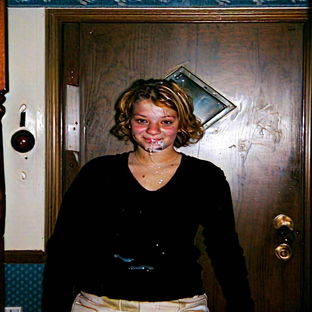 there is a woman standing in front of a door, taken in the late 2000s, photo 2 0 1 0, taken in the mid 2000s, 2 0 0 5, 2005, taken in the 2000s, jenni pasanen, katey truhn, 2 0 0 4, blowjob, happy, swallow cum