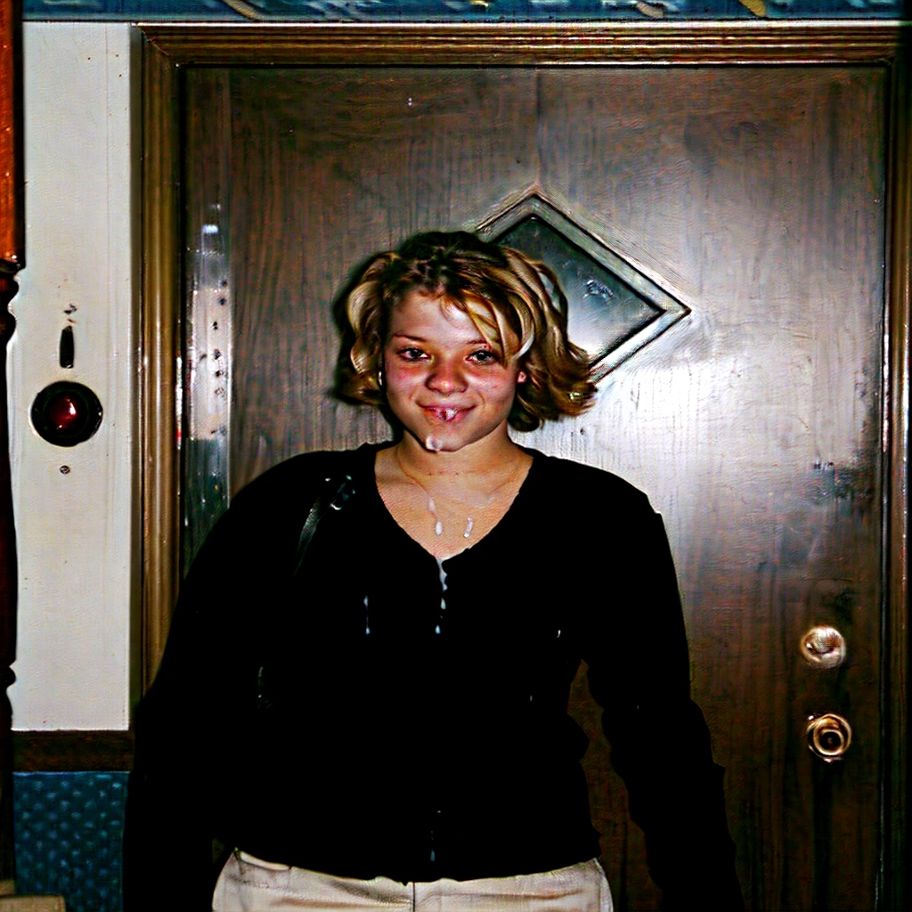 there is a woman standing in front of a door, taken in the late 2000s, photo 2 0 1 0, taken in the mid 2000s, 2 0 0 5, 2005, taken in the 2000s, jenni pasanen, katey truhn, 2 0 0 4, blowjob, happy, swallow cum