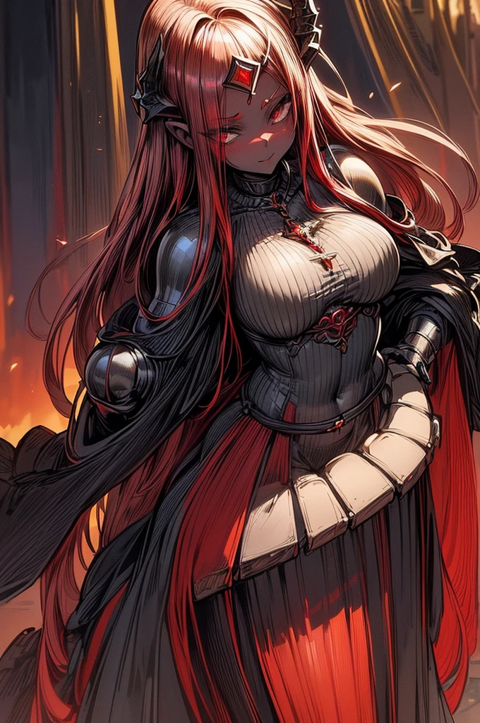 ((highest quality)),(ultra high resolution),(Super detailed),(detailed description),((best CG)),(best work of art),super precision art, great drawing art,(Art with precise details:1.5), (Fantasy medieval sexy and seductive armor 1 woman:1.5), beautiful and well-shaped face:1.5,(Beautiful red colored skin with precise and detailed depiction:1.6),(:1.5),provocative angle:1.6,gorgeous, beautiful young woman, beautiful and flawless red colored skin, long flowing black hair, obsidian colored eyes, symmetrical face, seductive and alluring facial features, her very presence oozes seduction, S-shaped body figure, slim and narrow waist, black onyx horns jutting out her forehead, hip level shot