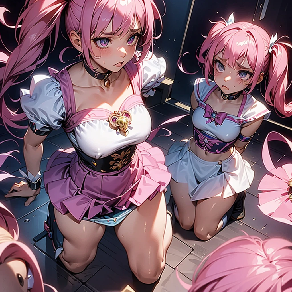 a young magical girl with short pink twin tails, kneeling in a pose of surrender, distressed and disturbed, captured by the enemy, braids, , Humiliated, linked, (best qualityer,4K,8k,high resolution,work of art:1.2),ultra detali,(realisitic,photorealisitic,photo-realisitic:1.37),face detailed, beautiful detailed eyes,beautiful detailed lips,extremely detailed eye and face,long eyelashes,cinematic lighting,swirly vibrant colors,dramatic shadows,Emotional expression,a young magical girl with short twin tails and pink hair, captured by enemies, anguished expression, Surrender pose, helpless, Bullying, , Prison cell, Dog Collar, Restrictions, dragged, panty p